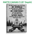 Matte canvas hockey wall art featuring a goalie, hockey stick, bold typography, and grayscale forest backdrop