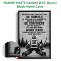 Framed matte canvas hockey wall art shown with a black frame and close-up detail of the printed design