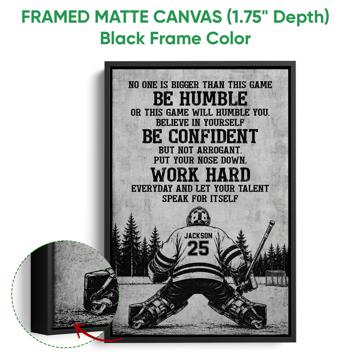 Framed matte canvas hockey wall art shown with a black frame and close-up detail of the printed design