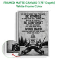 Framed matte canvas hockey wall art shown with a white frame and close-up detail of the printed artwork