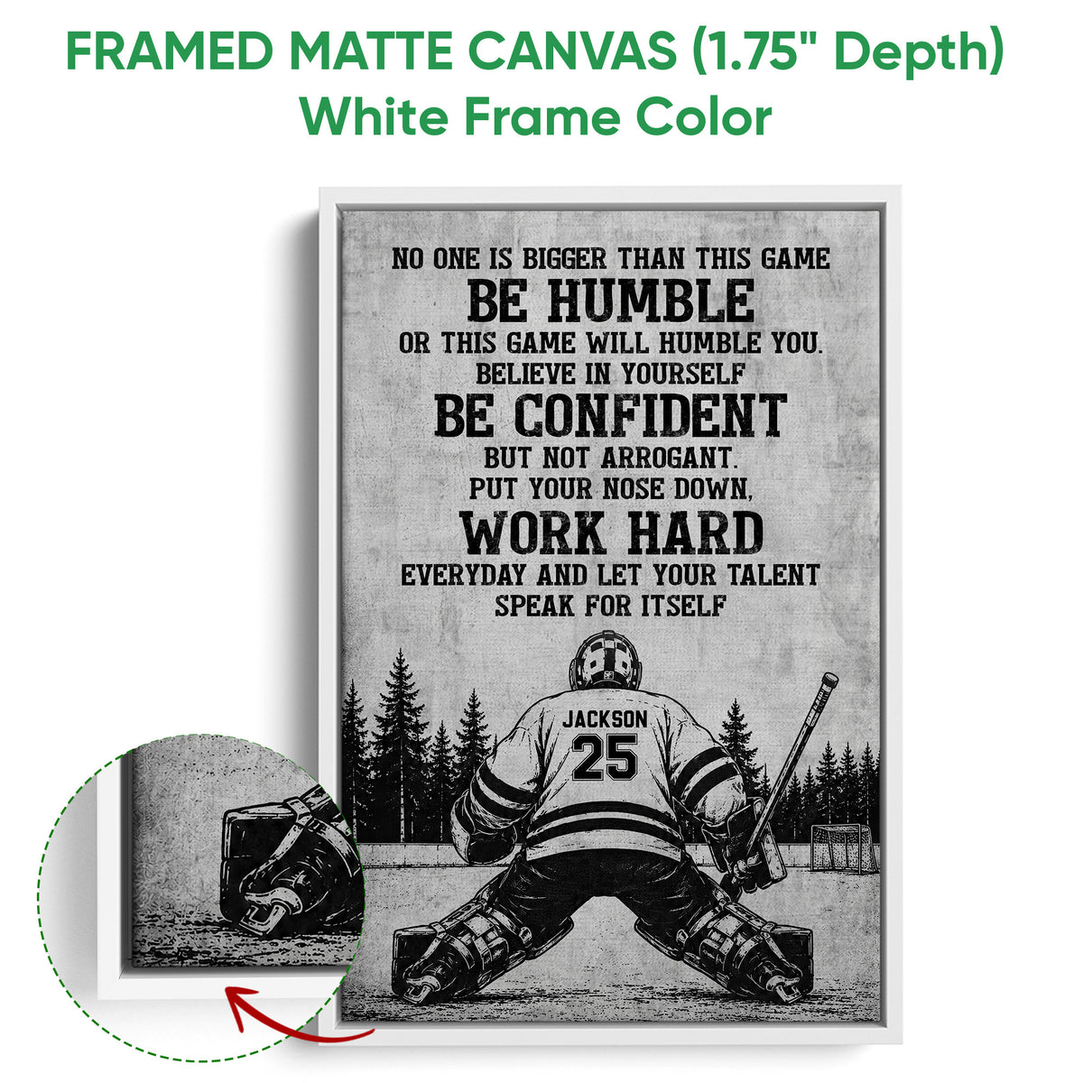 Framed matte canvas hockey wall art shown with a white frame and close-up detail of the printed artwork