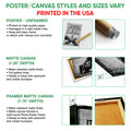 Hockey wall art format guide showing unframed poster, matte canvas, and framed canvas options