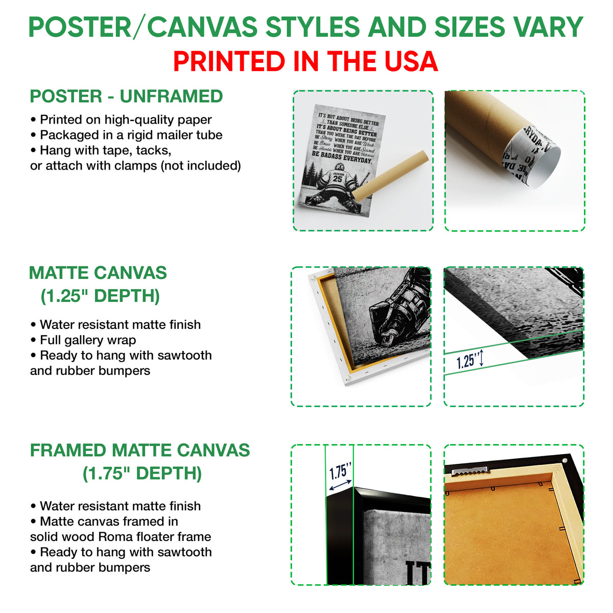 Hockey wall art format guide showing unframed poster, matte canvas, and framed canvas options