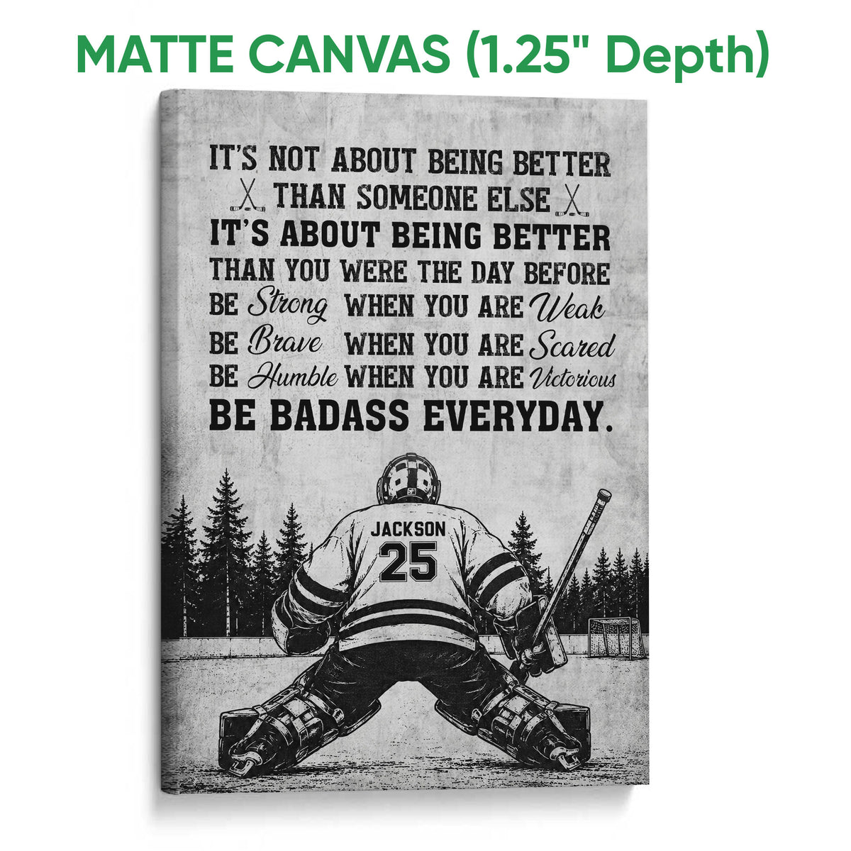 Matte canvas hockey wall art featuring a goalie on the ice with bold black and gray artwork