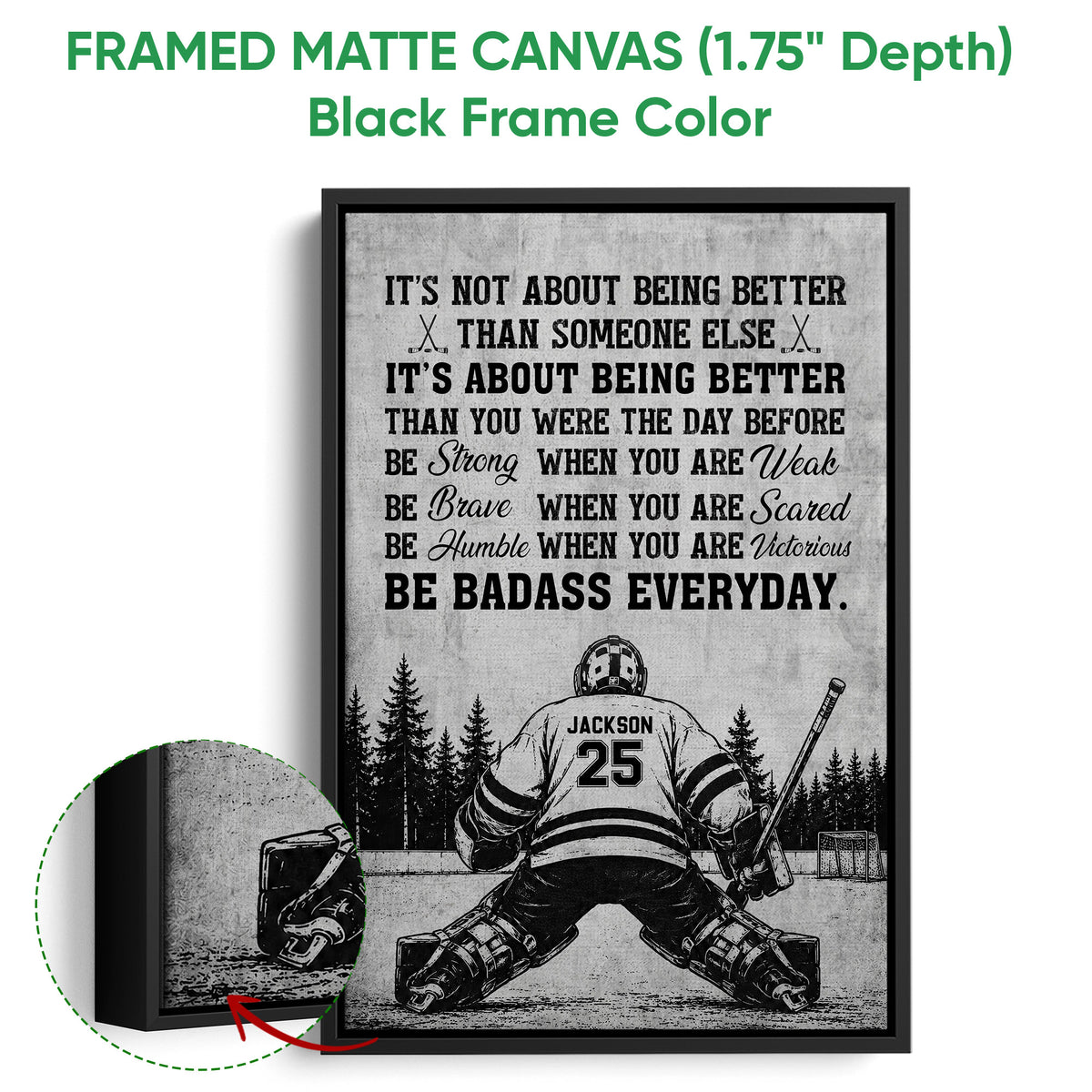 Framed hockey canvas wall art shown with a black frame and close-up of the artwork edge