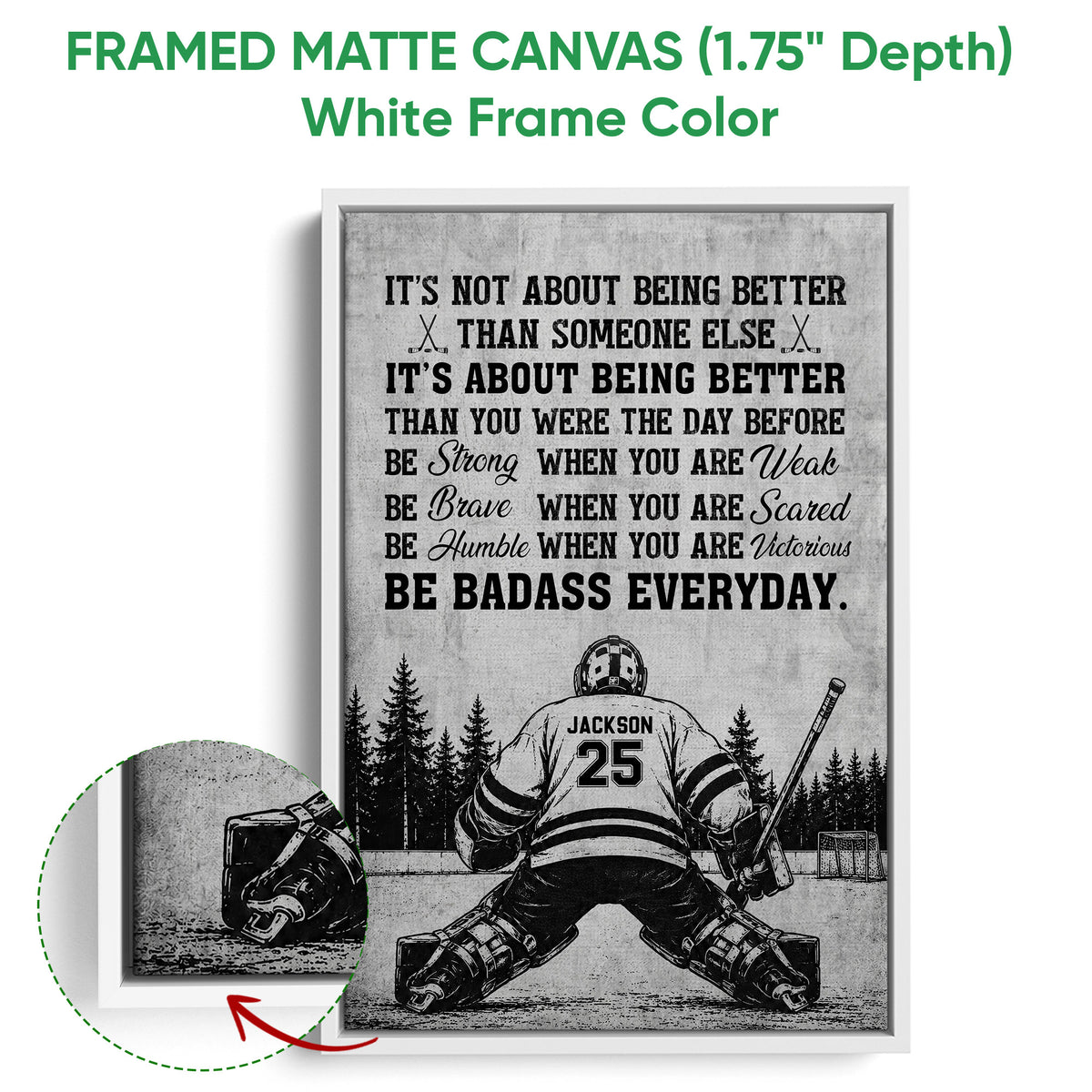 Framed hockey canvas wall art shown with a white frame and close-up of the artwork edge