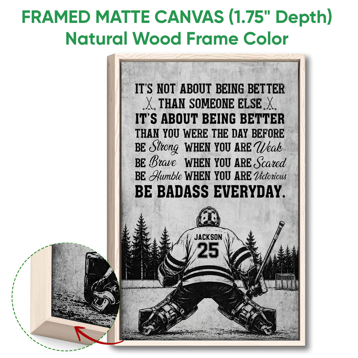 Framed hockey canvas wall art shown with a natural wood frame and close-up detail