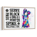 Framed volleyball wall art with colorful watercolor player artwork and bold sports typography