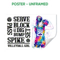 Unframed volleyball poster featuring colorful player artwork, volleyball graphics, and bold athletic typography