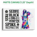Matte canvas volleyball wall art with vibrant watercolor player artwork and motivational sports lettering