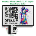 Black framed canvas volleyball wall art with a colorful player design and close-up canvas detail
