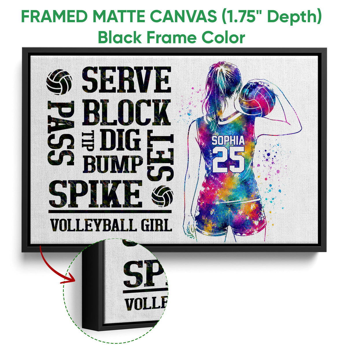 Black framed canvas volleyball wall art with a colorful player design and close-up canvas detail