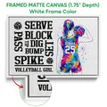 White framed canvas volleyball wall art with vibrant player artwork and close-up texture detail