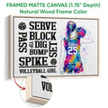 Natural wood framed canvas volleyball wall art with colorful player artwork and close-up frame detail