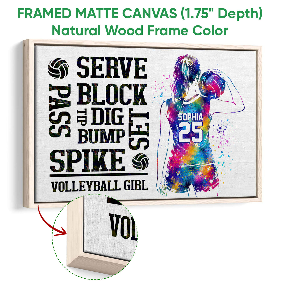 Natural wood framed canvas volleyball wall art with colorful player artwork and close-up frame detail