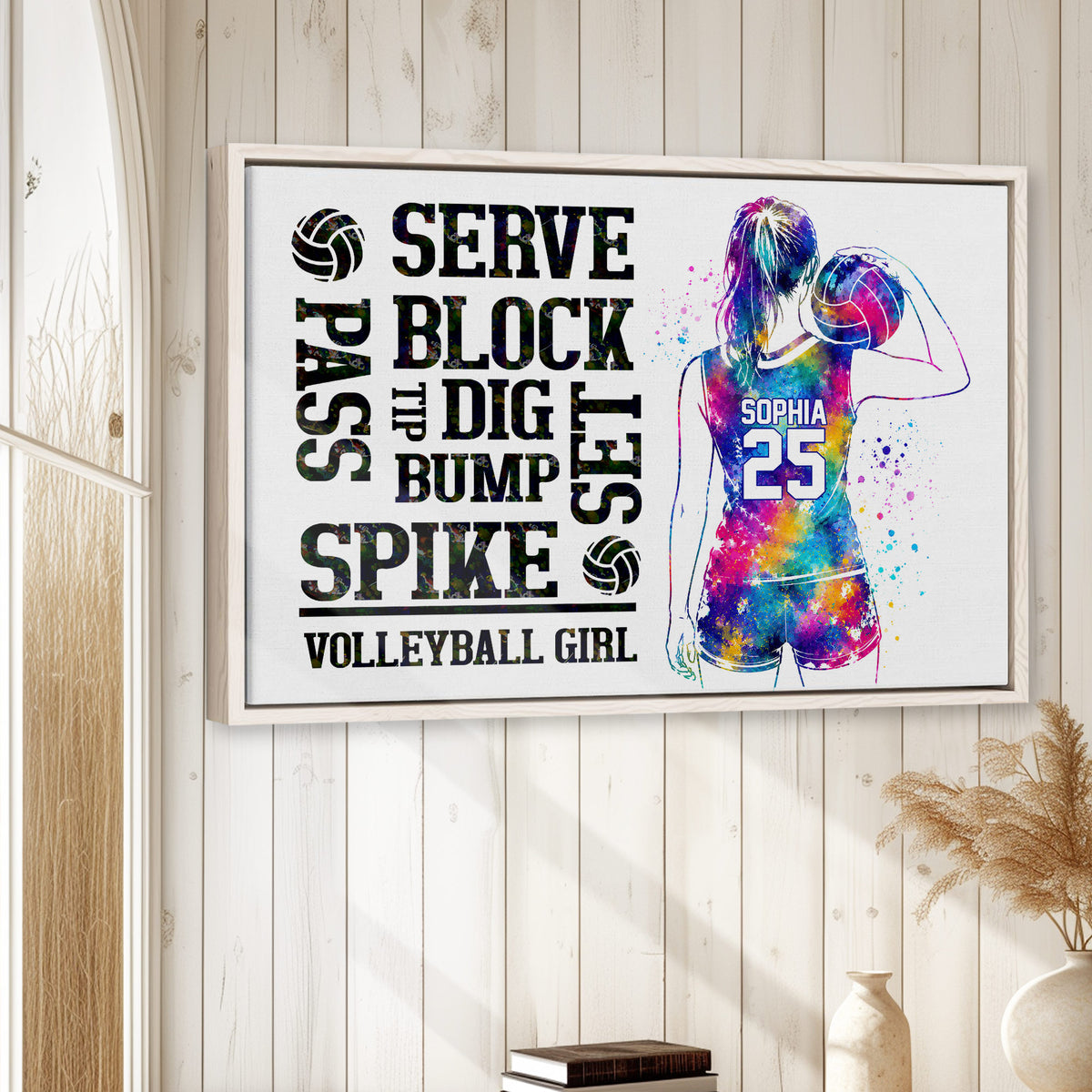 Volleyball wall art displayed on a light wood wall in a bright sports-inspired room