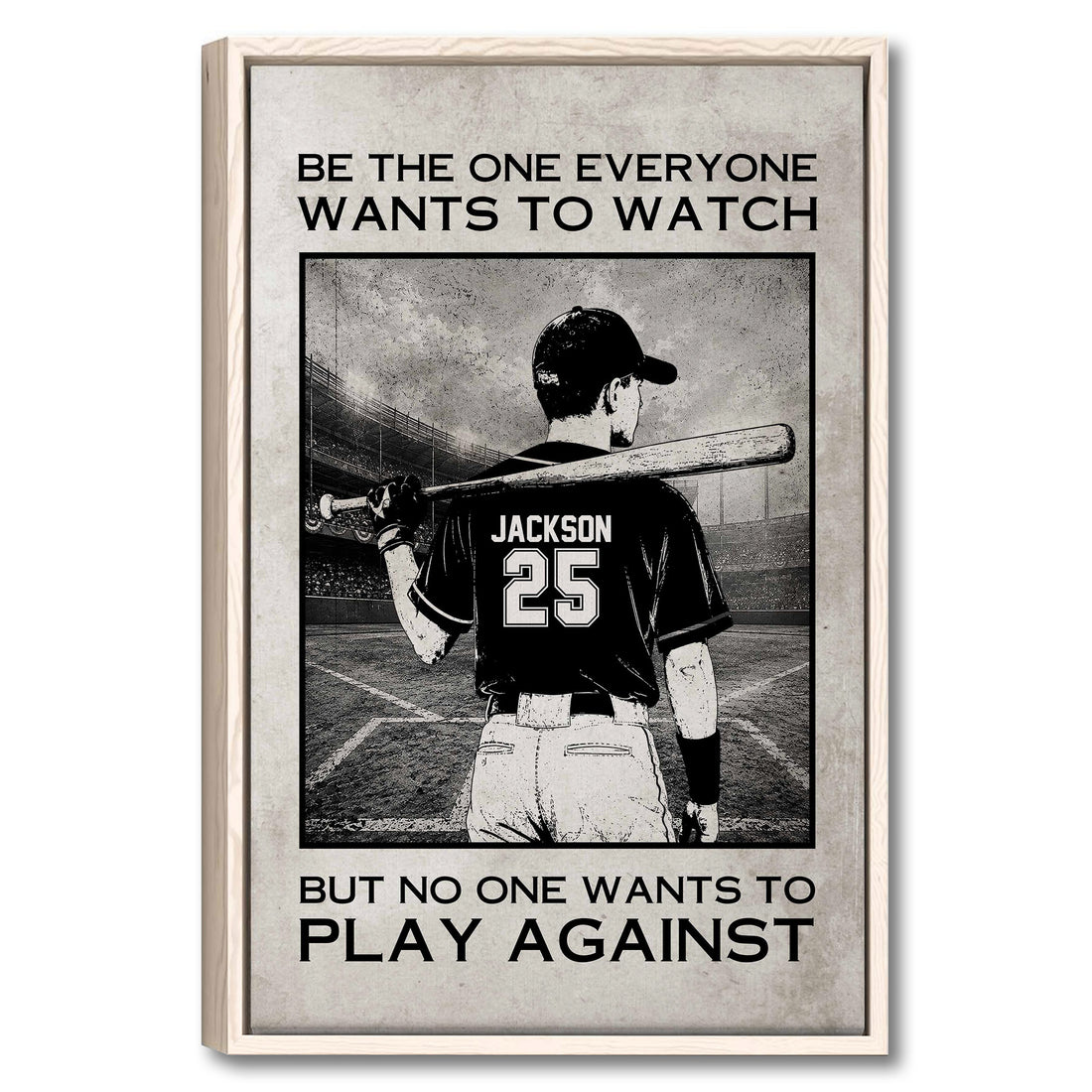 Framed baseball wall art featuring a batter in a stadium with bold black and white motivational text