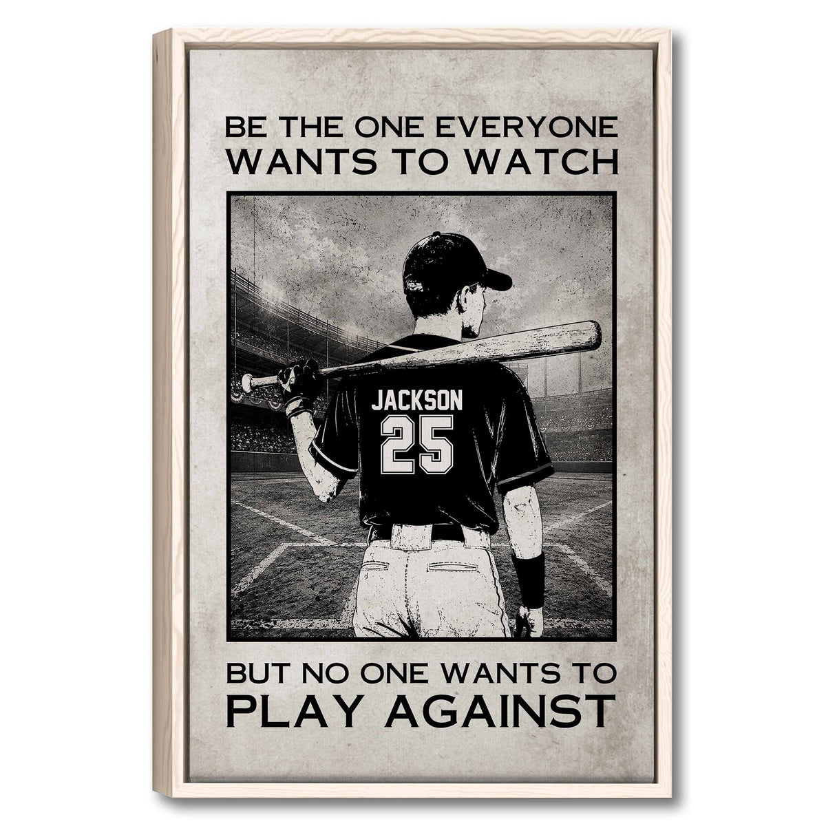 Framed baseball wall art featuring a batter in a stadium with bold black and white motivational text
