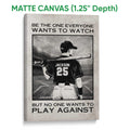 Matte canvas baseball wall art showing a batter with a bat in a black and white stadium design