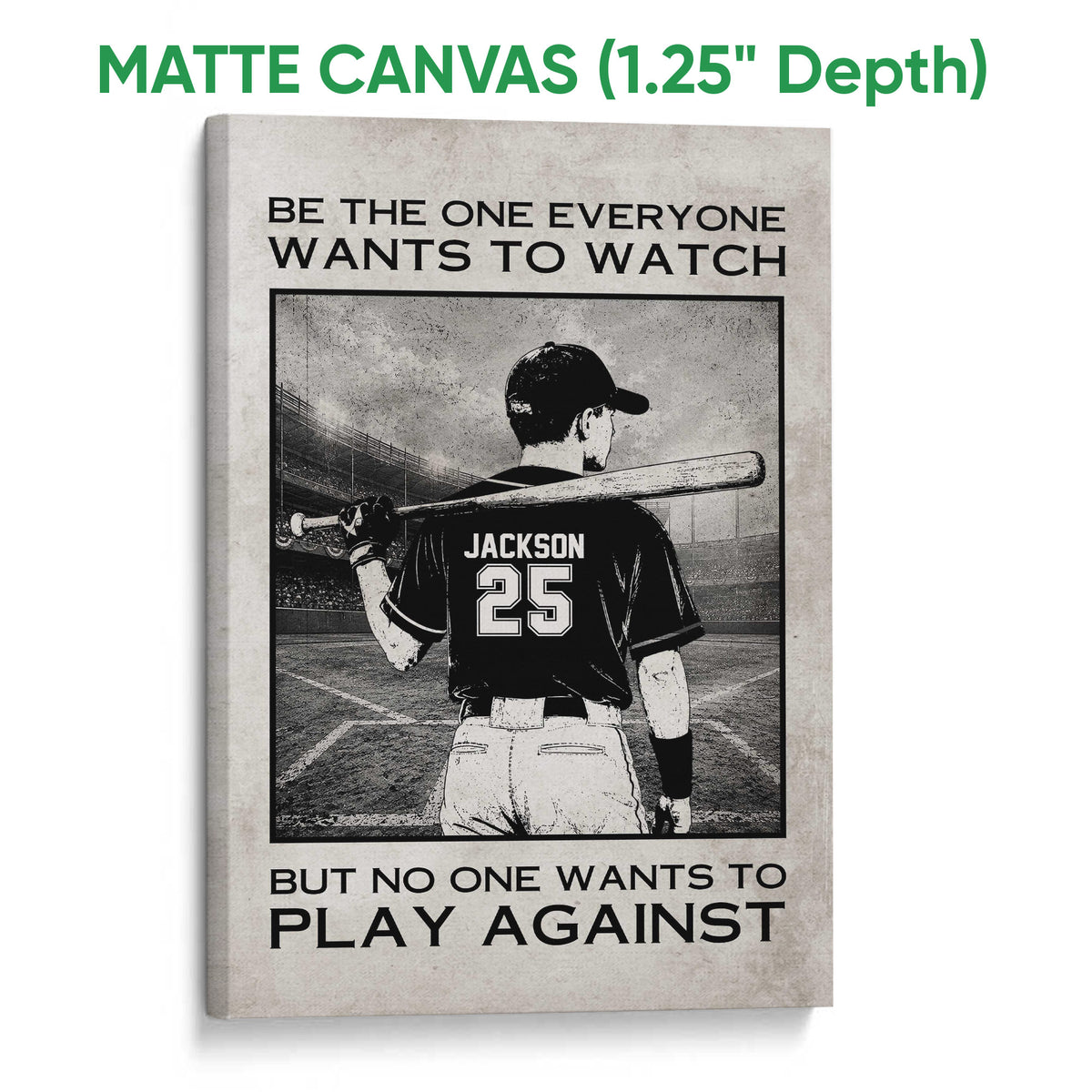 Matte canvas baseball wall art showing a batter with a bat in a black and white stadium design