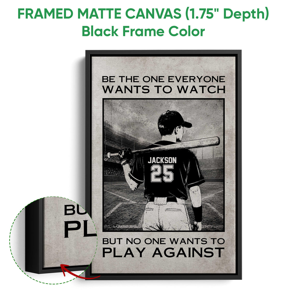 Framed baseball wall art shown with a black frame and detailed monochrome batter artwork