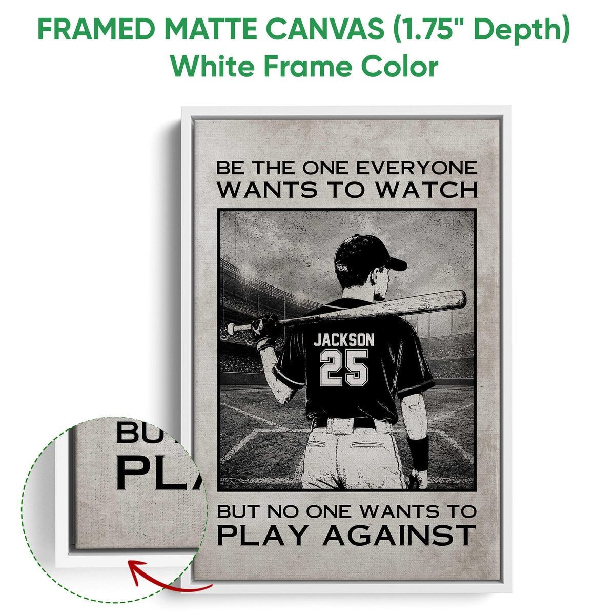 Framed baseball wall art shown with a white frame around a monochrome stadium batter design