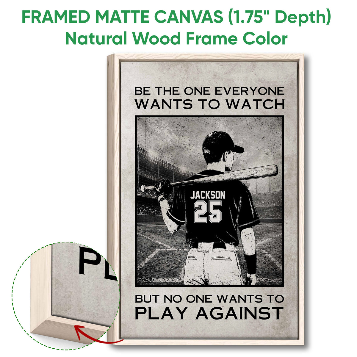 Framed baseball wall art shown with a natural wood frame and monochrome stadium artwork