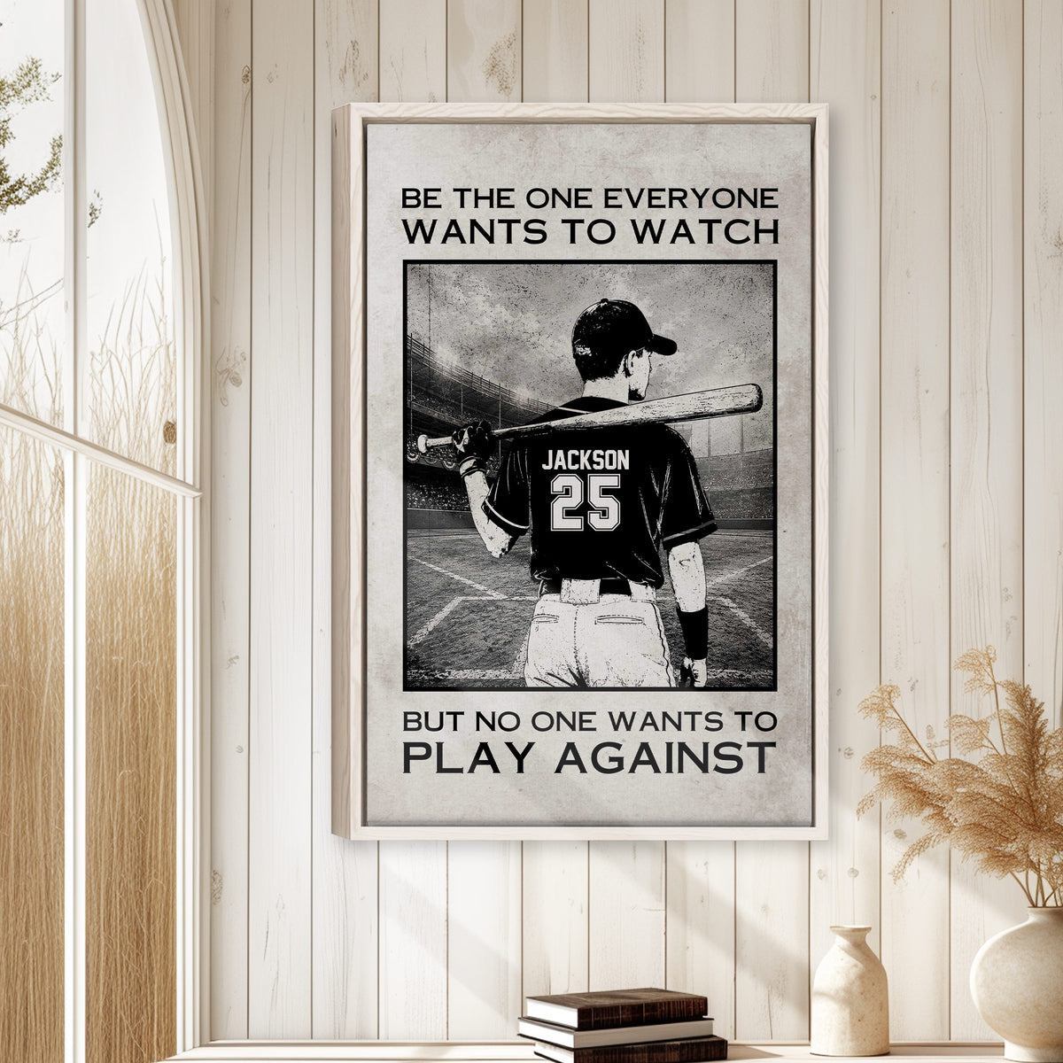 Baseball wall art displayed in a bright home interior on a light wood paneled wall