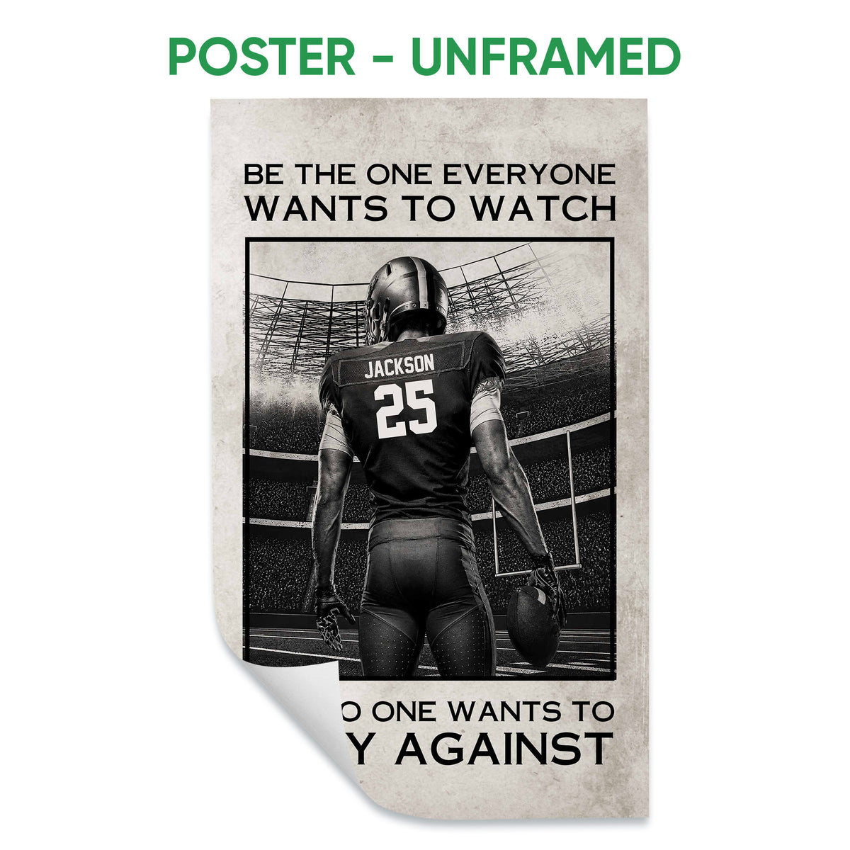 Unframed football poster featuring a helmeted player holding a football on a stadium field