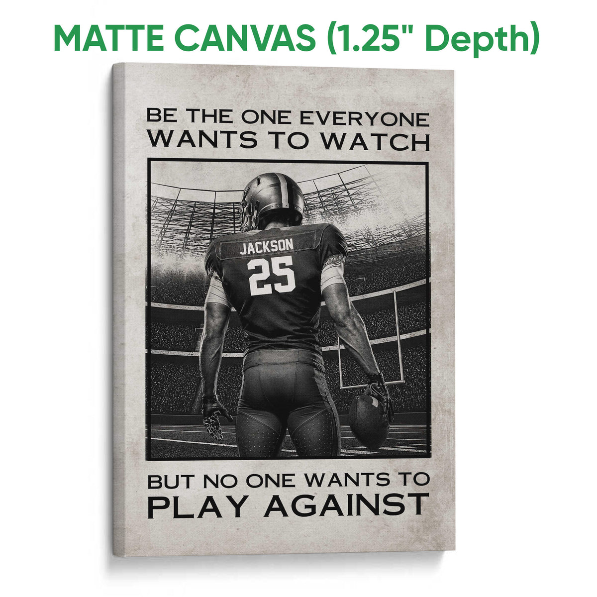 Matte canvas football wall art with a dramatic black and white stadium player design