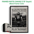 Football wall art shown in a black framed matte canvas with a close-up of the frame edge