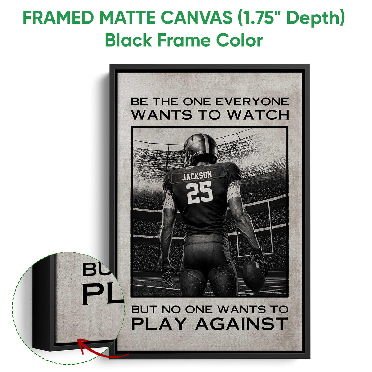 Football wall art shown in a black framed matte canvas with a close-up of the frame edge