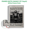 Football wall art shown in a white framed matte canvas with a close-up of the frame edge