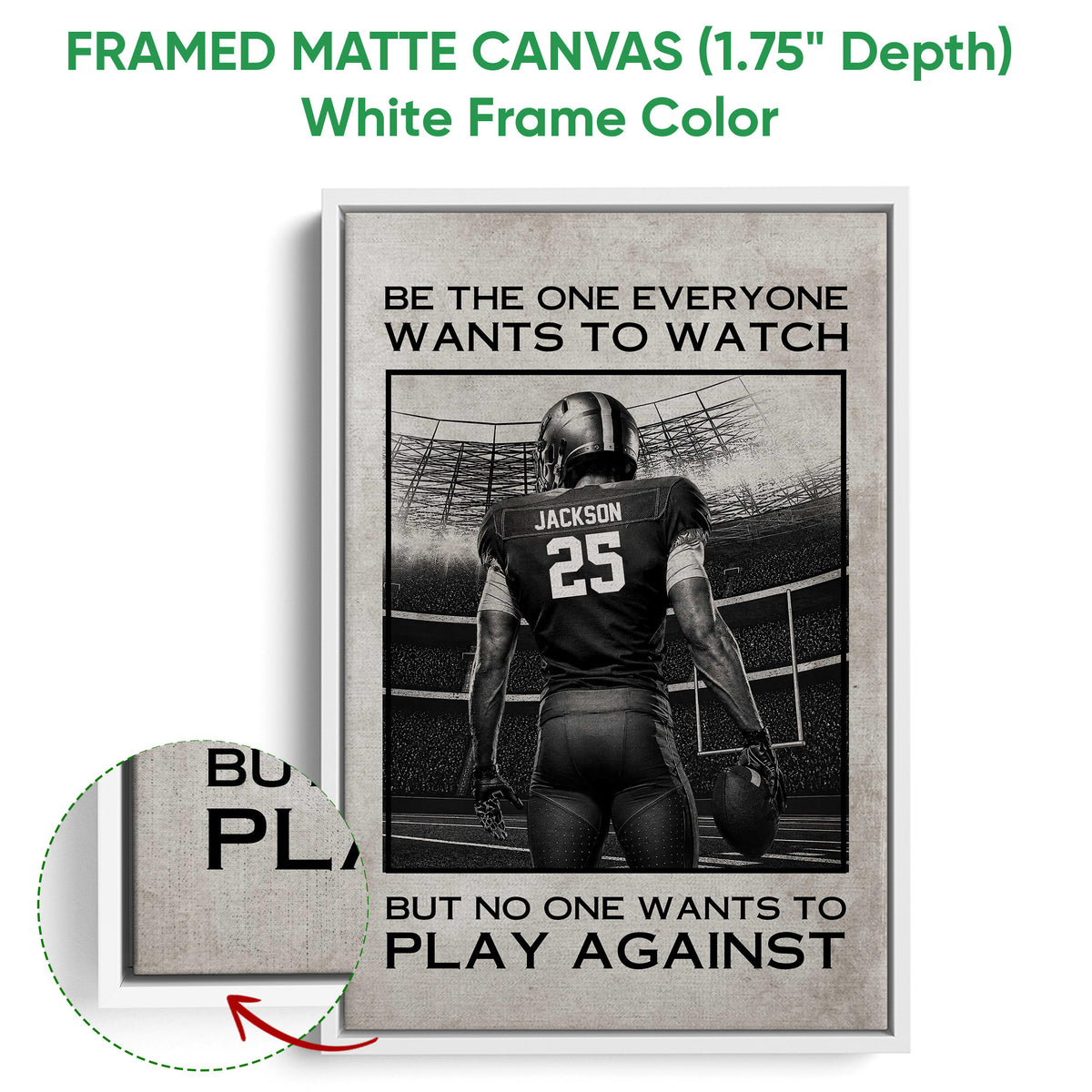 Football wall art shown in a white framed matte canvas with a close-up of the frame edge