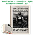 Football wall art shown in a natural wood framed canvas with a close-up of the frame edge