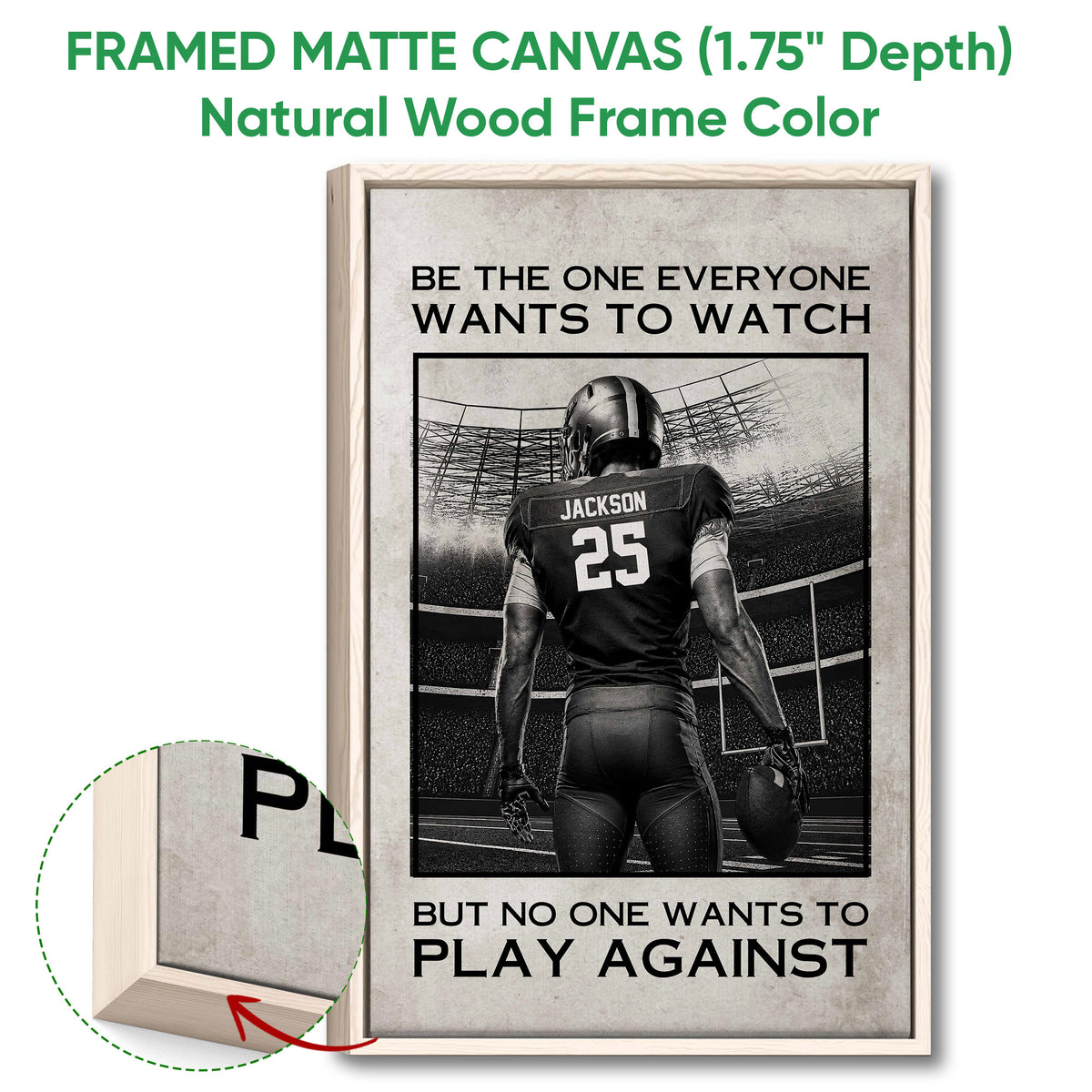 Football wall art shown in a natural wood framed canvas with a close-up of the frame edge