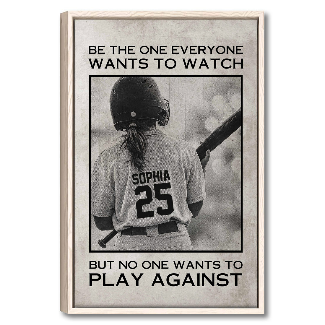 Framed softball wall art showing a helmeted player with a bat in a black and white vintage-style design
