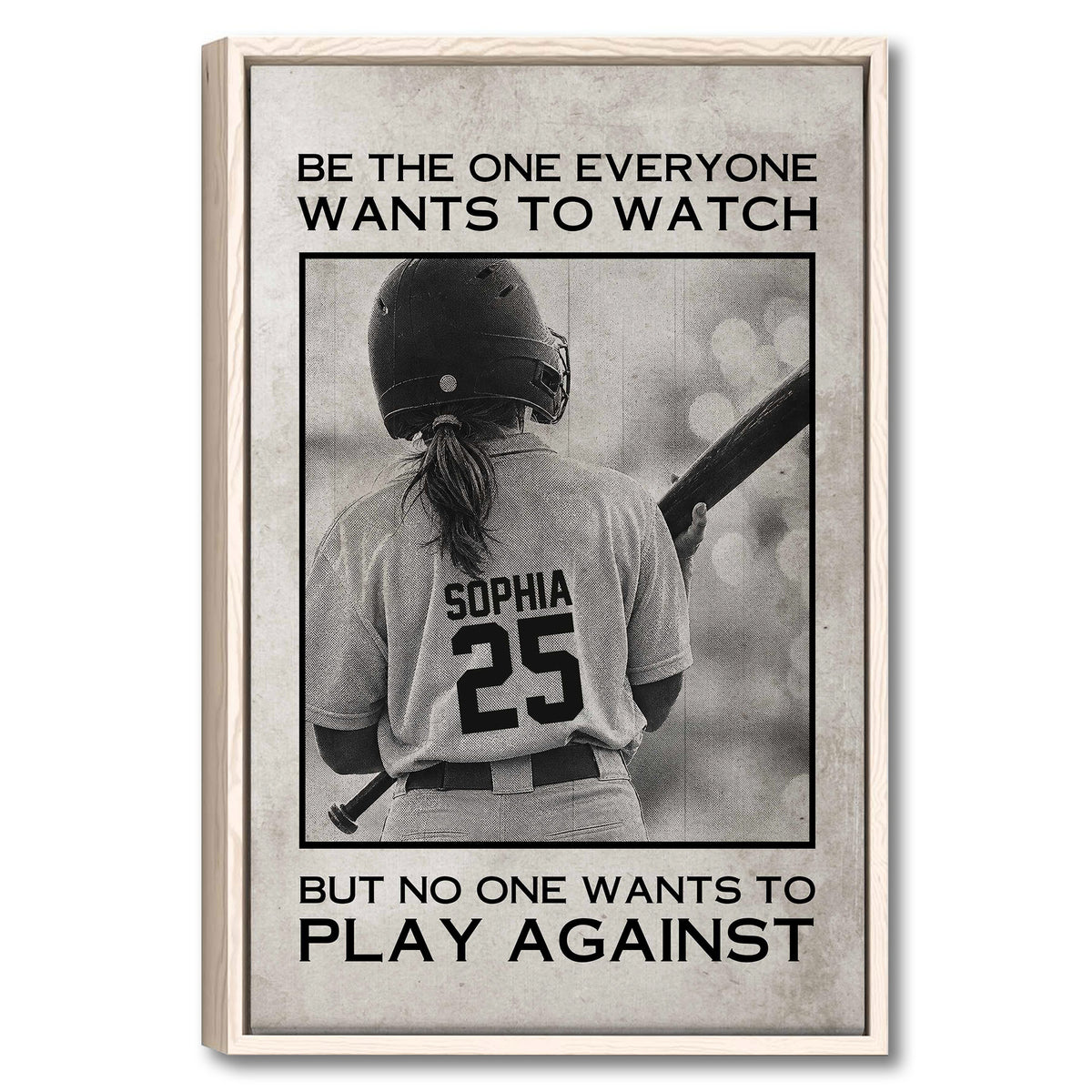 Framed softball wall art showing a helmeted player with a bat in a black and white vintage-style design