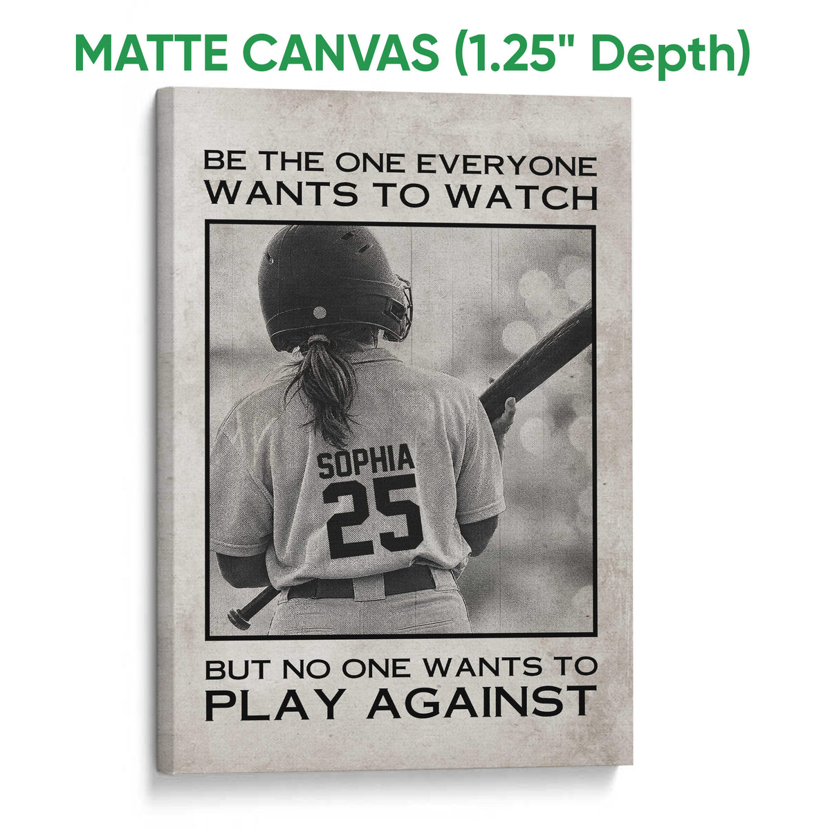 Matte canvas softball wall art featuring a helmeted player, bat, and monochrome athletic artwork