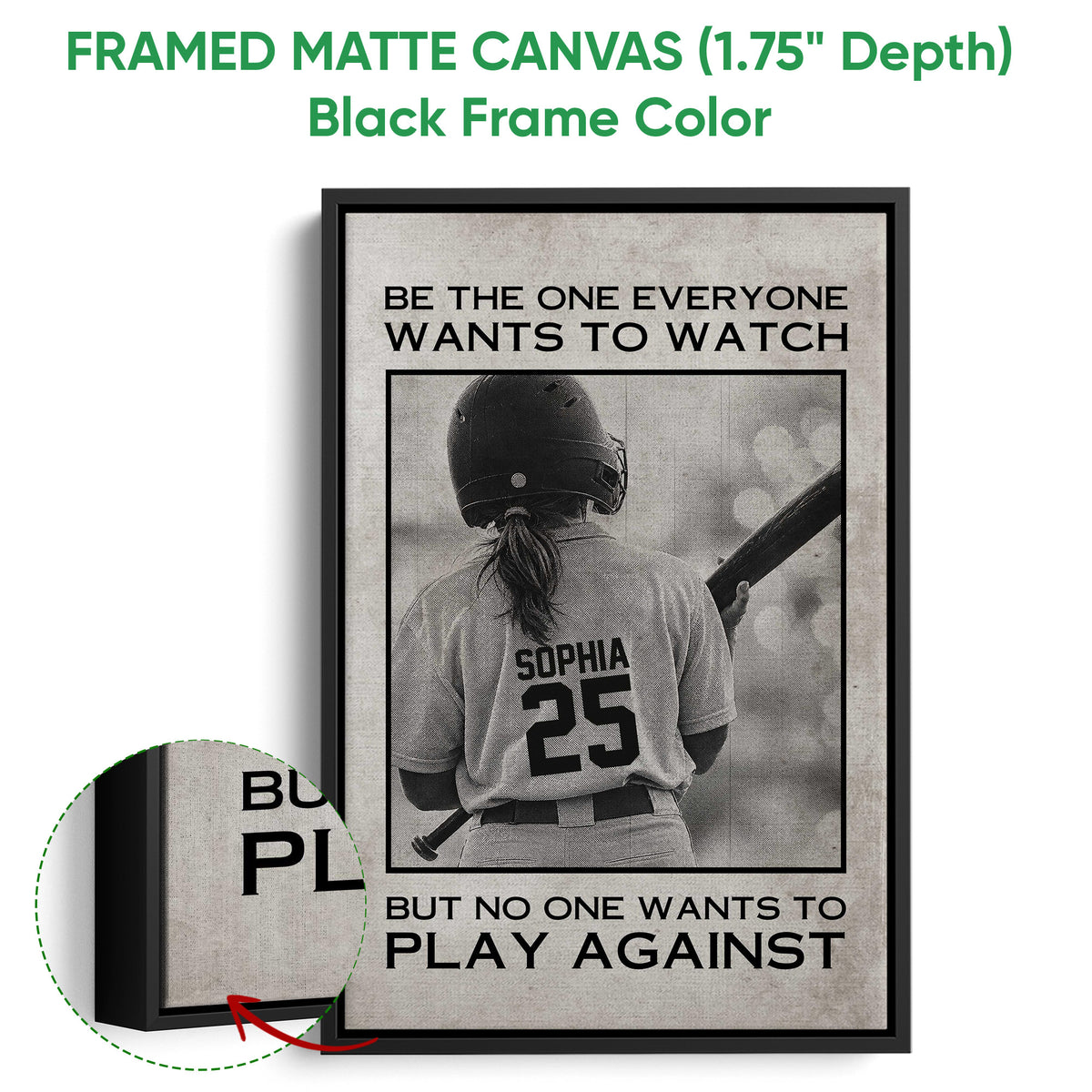 Softball wall art displayed in a black framed canvas with a close-up view of the frame edge