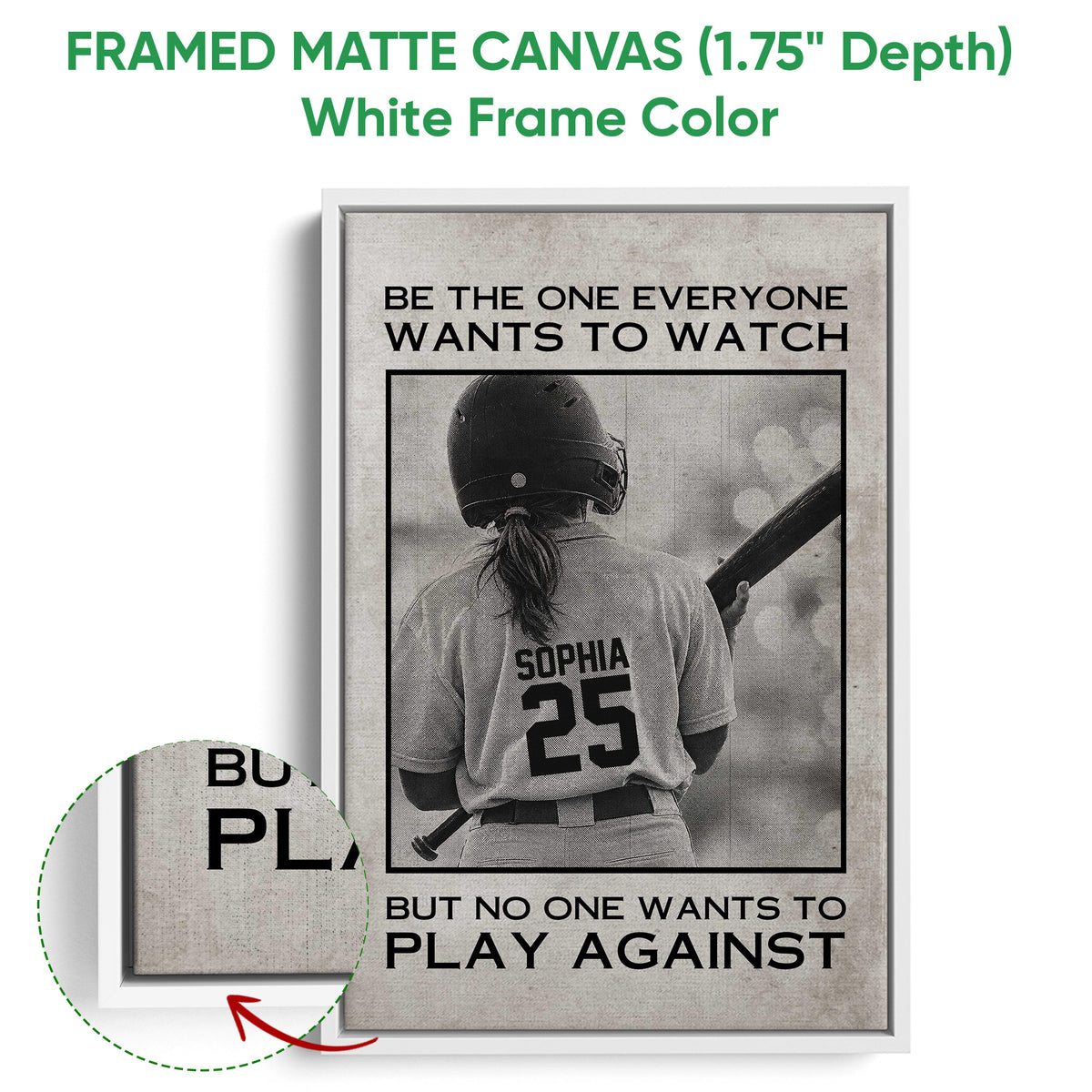 Softball framed canvas wall art shown with a white frame and detailed edge view