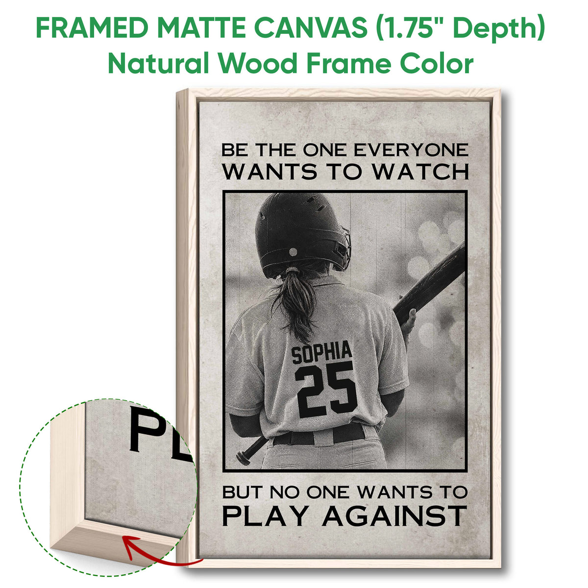 Softball framed canvas wall art shown in a natural wood frame with a close-up edge detail