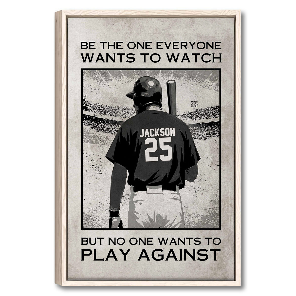 Framed baseball wall art showing a batter in a stadium with bold black and gray artwork