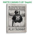 Matte canvas baseball wall art featuring a dramatic stadium batter illustration
