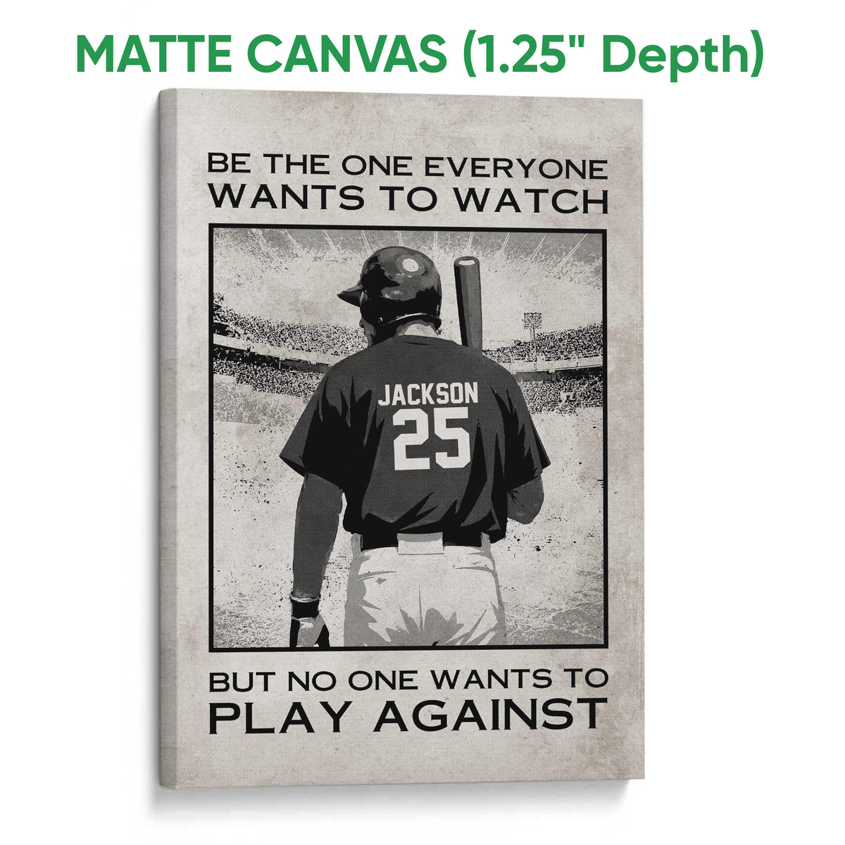 Matte canvas baseball wall art featuring a dramatic stadium batter illustration