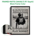 Framed baseball canvas wall art shown with a black frame and close-up canvas detail