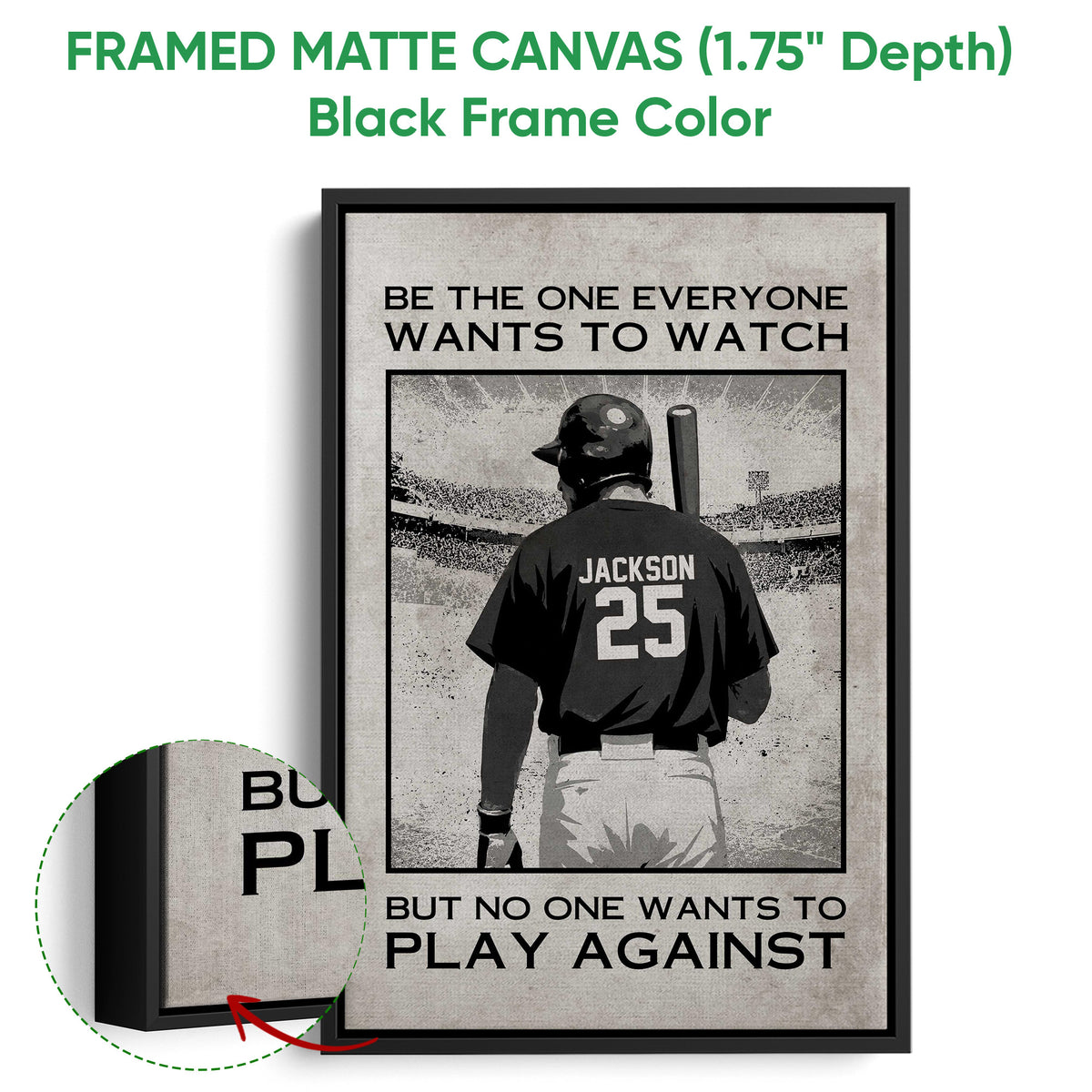 Framed baseball canvas wall art shown with a black frame and close-up canvas detail