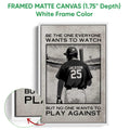Framed baseball canvas wall art shown with a white frame and close-up canvas detail
