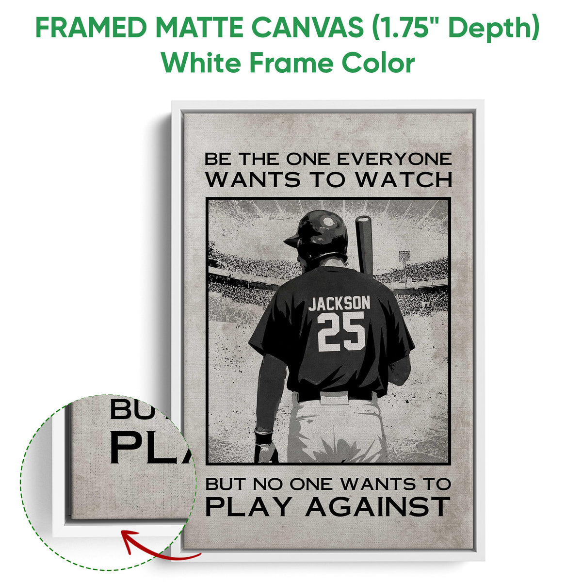 Framed baseball canvas wall art shown with a white frame and close-up canvas detail