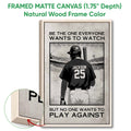 Framed baseball canvas wall art shown with a natural wood frame and edge detail